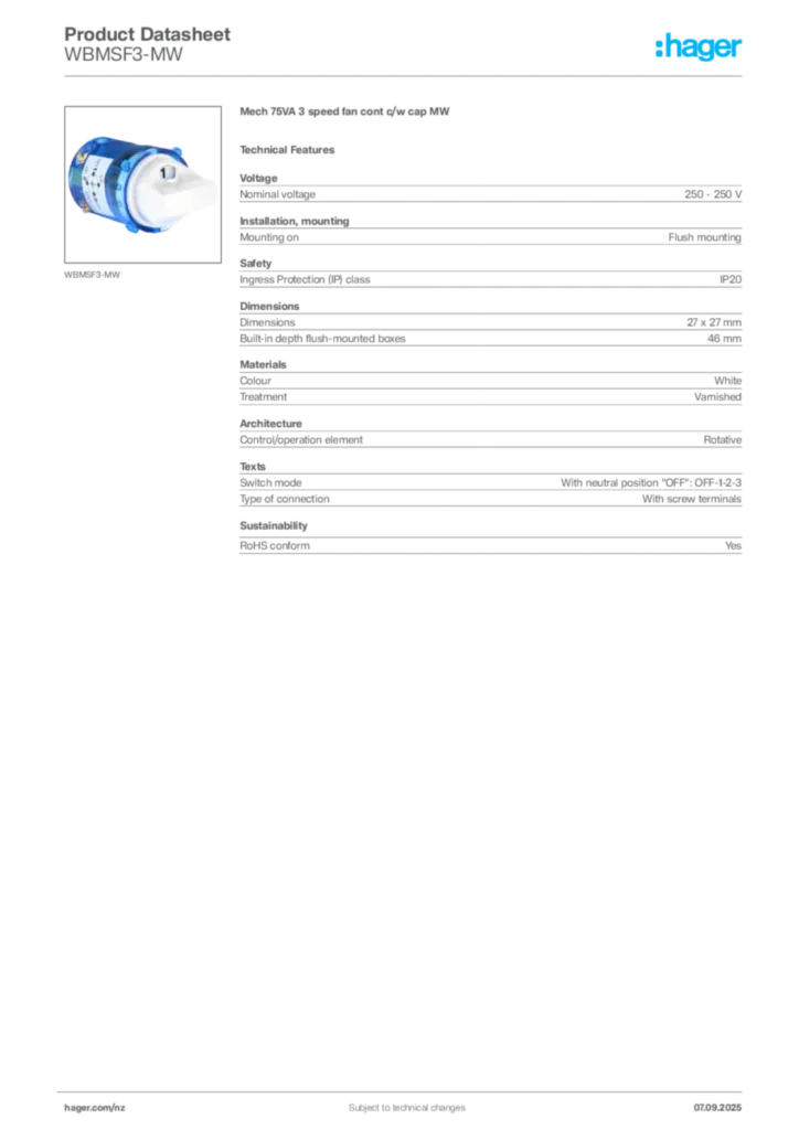 Image Hager Product data sheet WBMSF3-MW  | Hager New Zealand