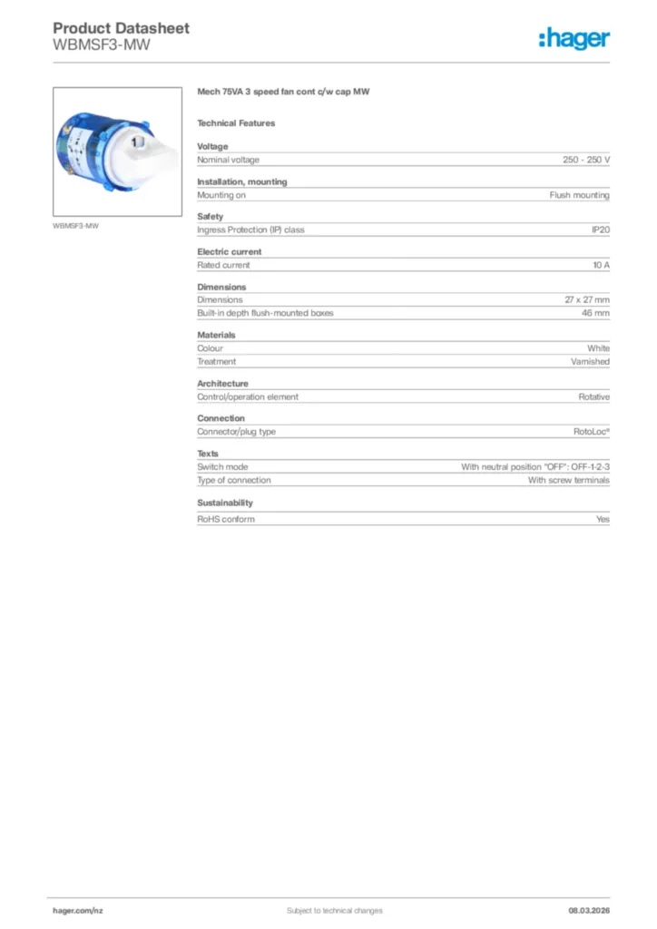 Image Hager Product data sheet WBMSF3-MW  | Hager New Zealand