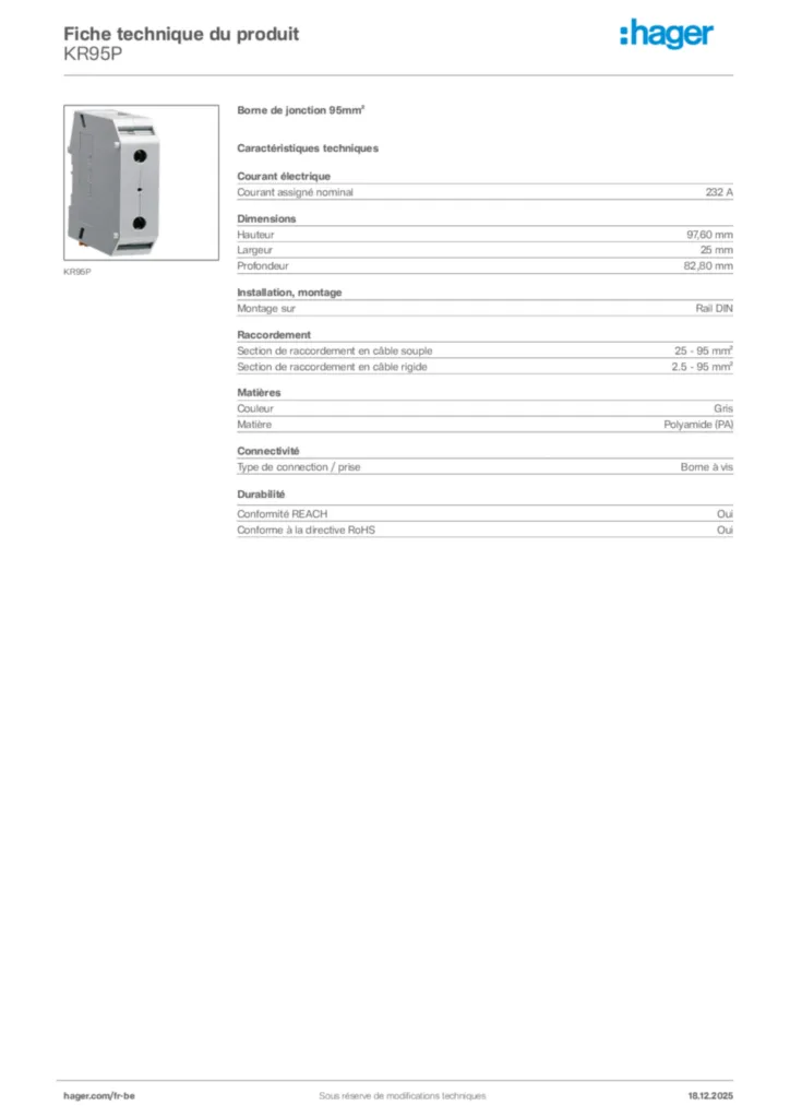 Image Hager Fiche technique du produit KR95P | Hager Belgique