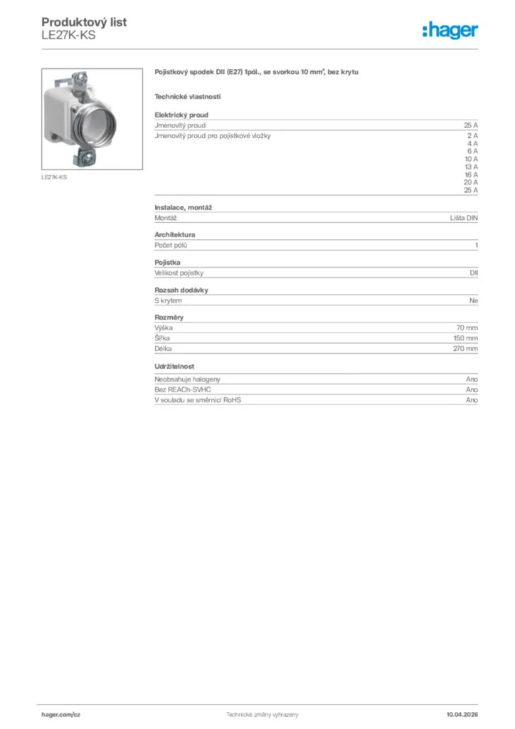 Obrázek Hager Product data sheet LE27K-KS | Hager