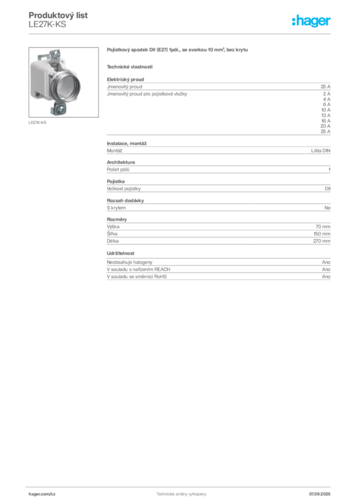 Obrázek Hager Produktový list LE27K-KS | Hager