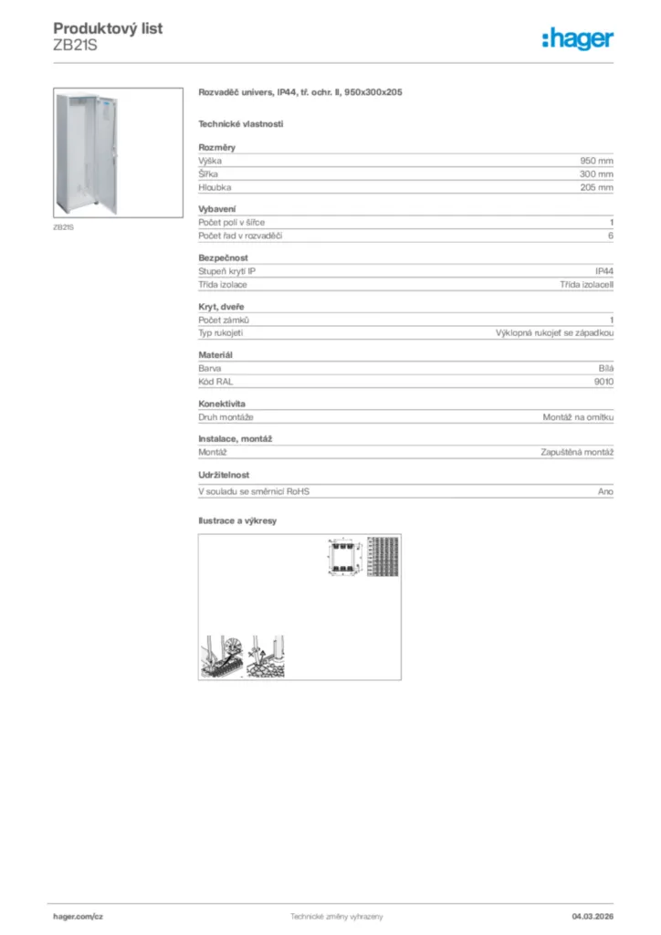Obrázek Hager Product data sheet ZB21S | Hager