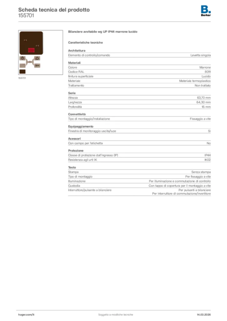 Immagine Berker Scheda tecnica del prodotto 155701 | Hager Italia