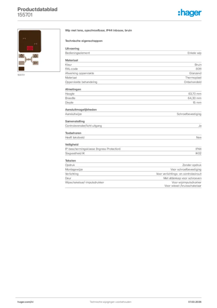 Afbeelding Hager Productdatablad 155701 | Hager Nederland