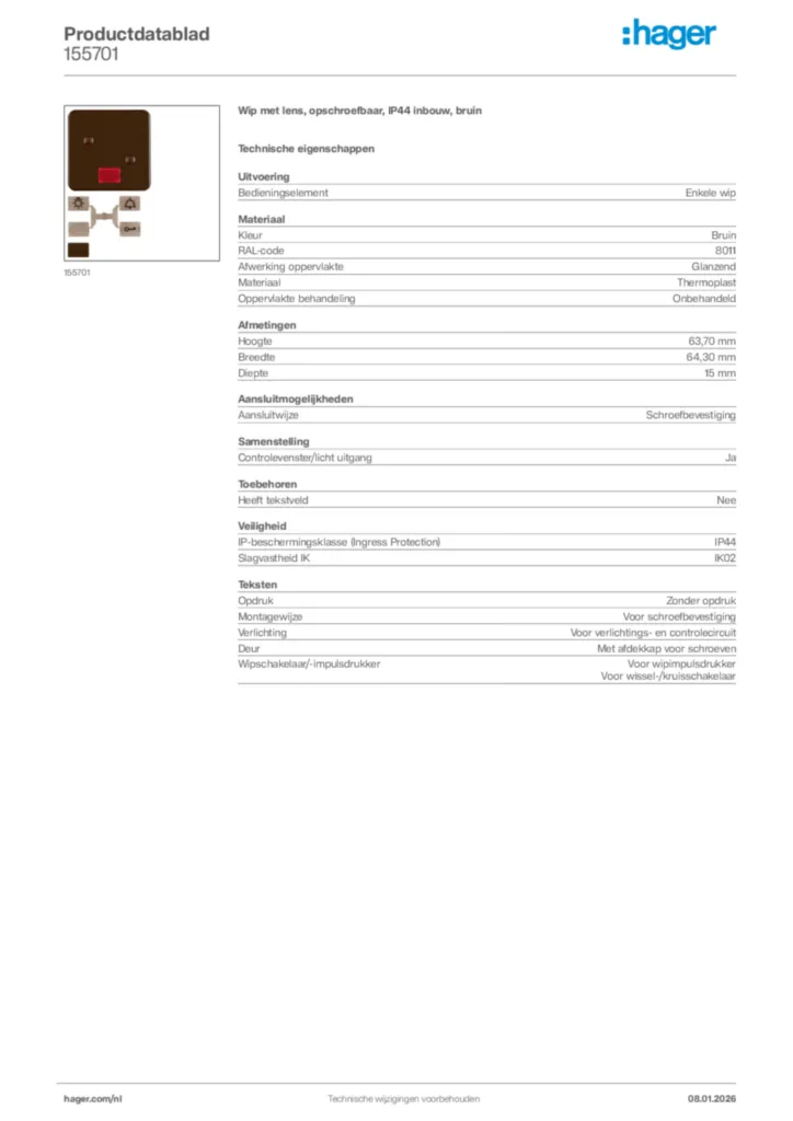 Afbeelding Hager Productdatablad 155701 | Hager Nederland