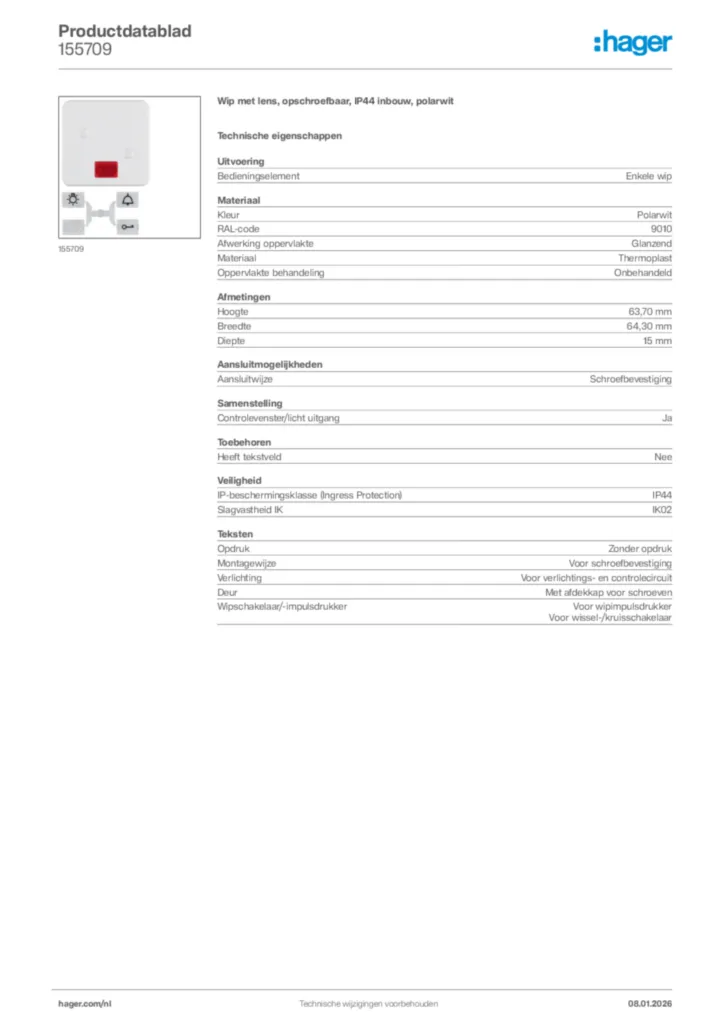 Afbeelding Hager Productdatablad 155709 | Hager Nederland