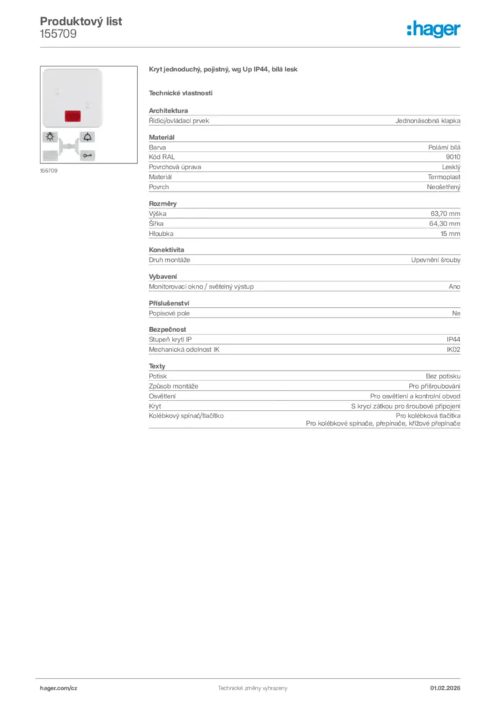 Obrázek Hager Product data sheet 155709 | Hager