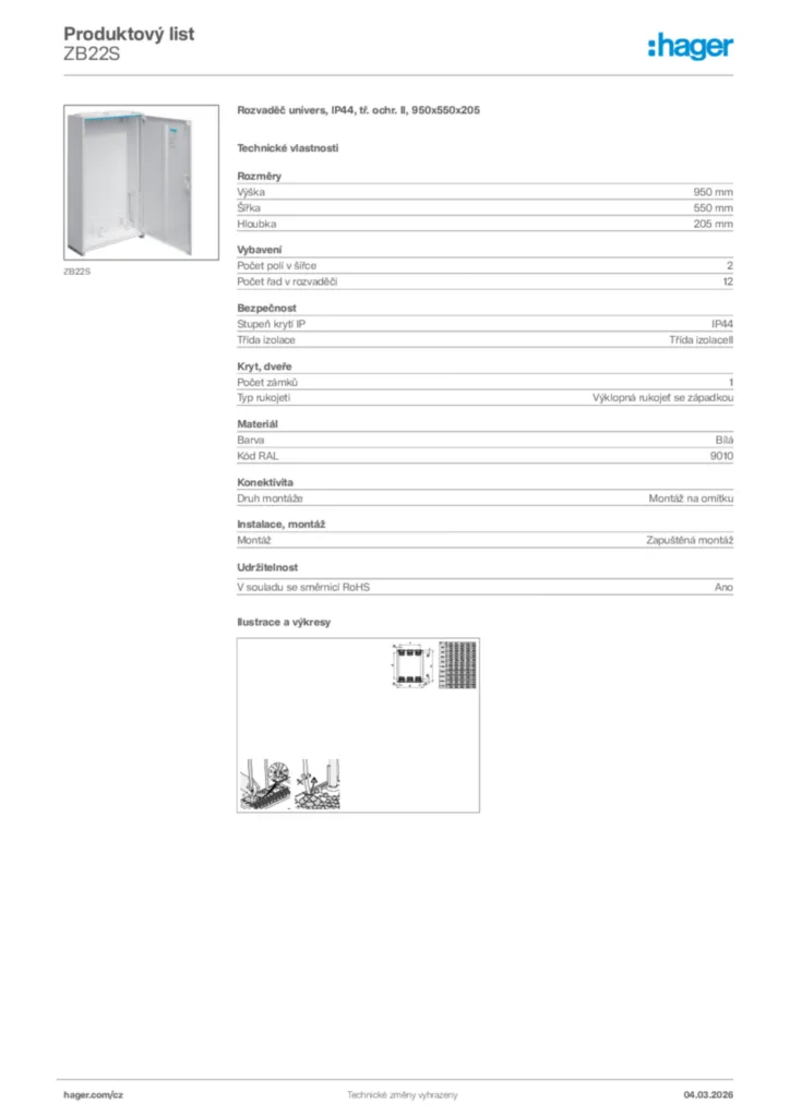 Obrázek Hager Product data sheet ZB22S | Hager
