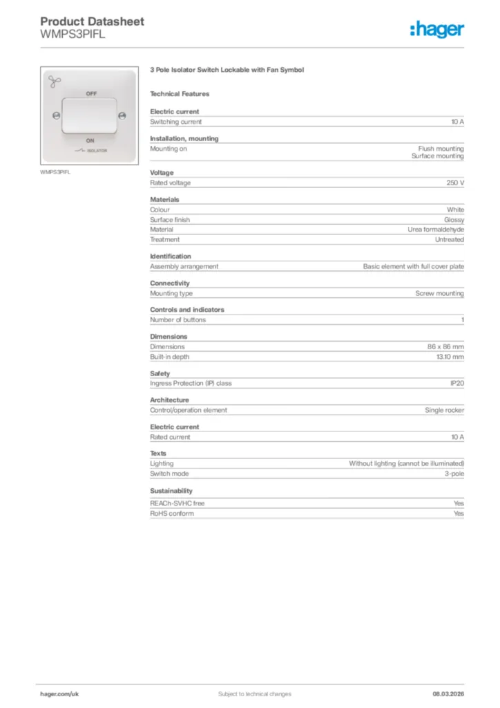 Image Hager Product data sheet WMPS3PIFL  | Hager