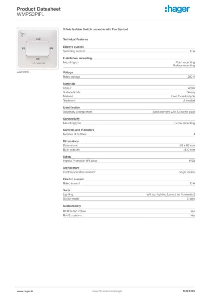 Image Hager Product data sheet WMPS3PIFL  | Hager