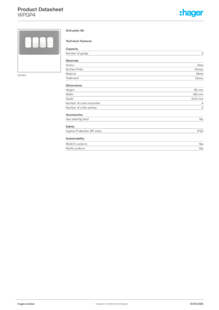 Image Hager Product data sheet WPGP4  | Hager