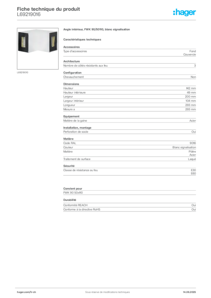 Image Hager Fiche technique du produit L69219016 | Hager Suisse