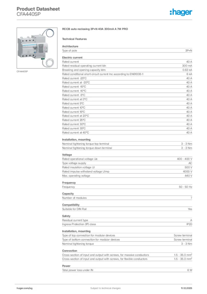 Image Hager Product data sheet CFA440SP  | Hager
