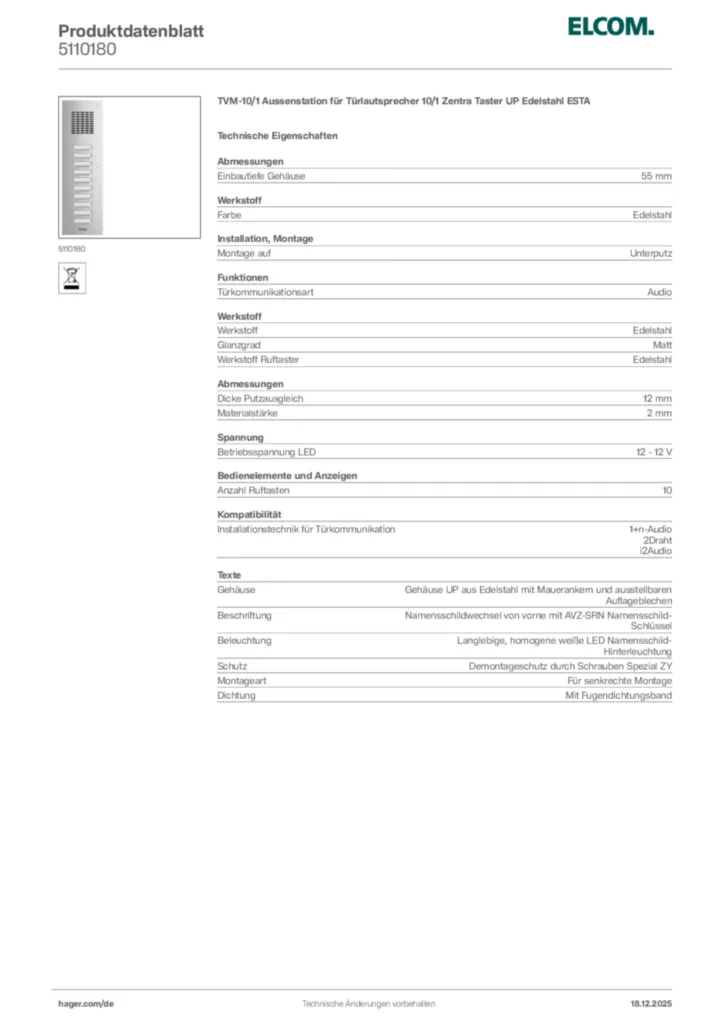 Bild Elcom Produktdatenblatt 5110180 | Hager Deutschland
