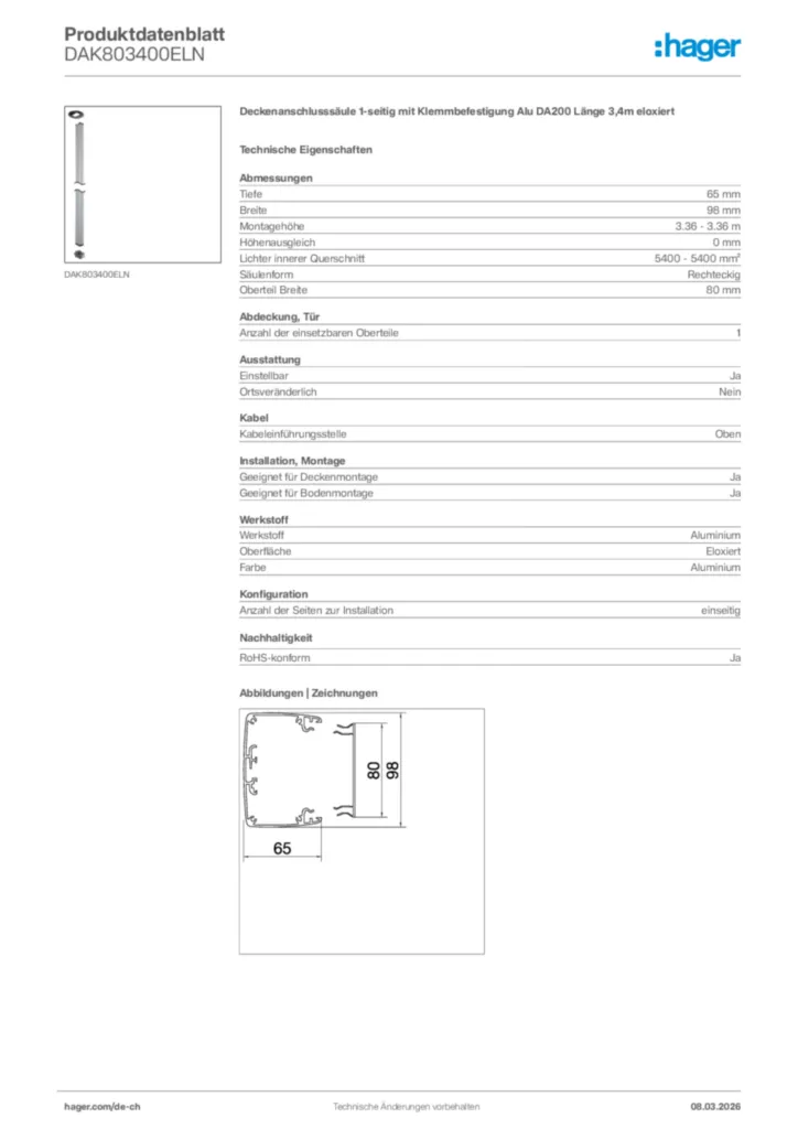 Bild Hager Produktdatenblatt DAK803400ELN | Hager Schweiz