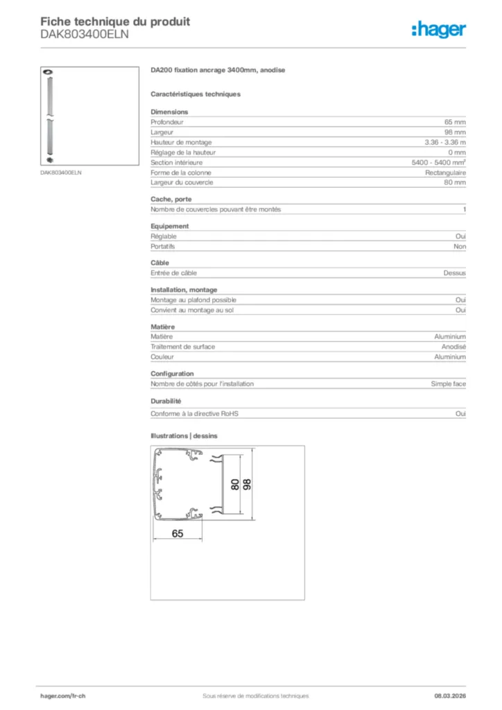 Image Hager Fiche technique du produit DAK803400ELN | Hager Suisse