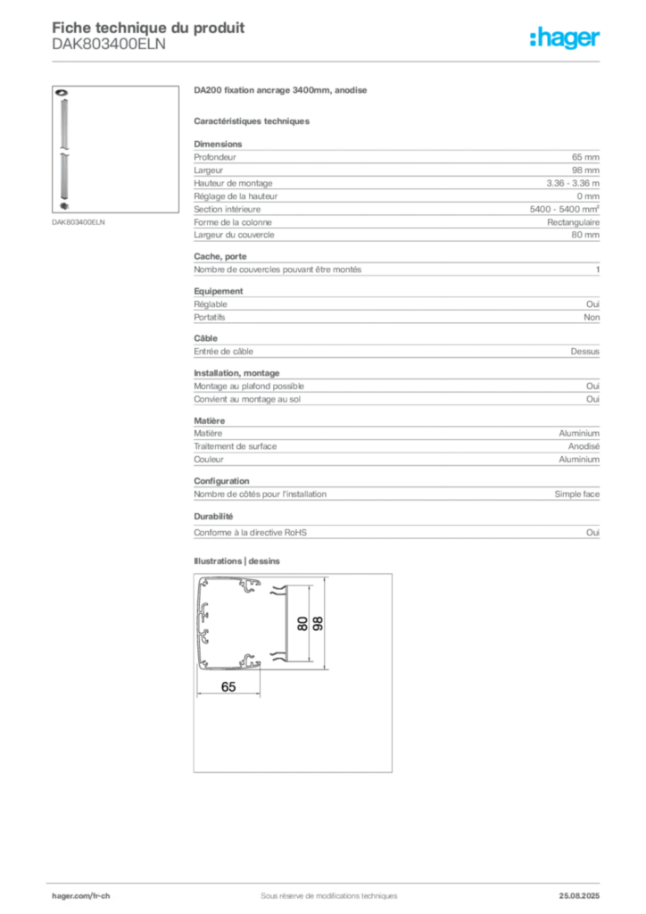 Image Hager Fiche technique du produit DAK803400ELN | Hager Suisse