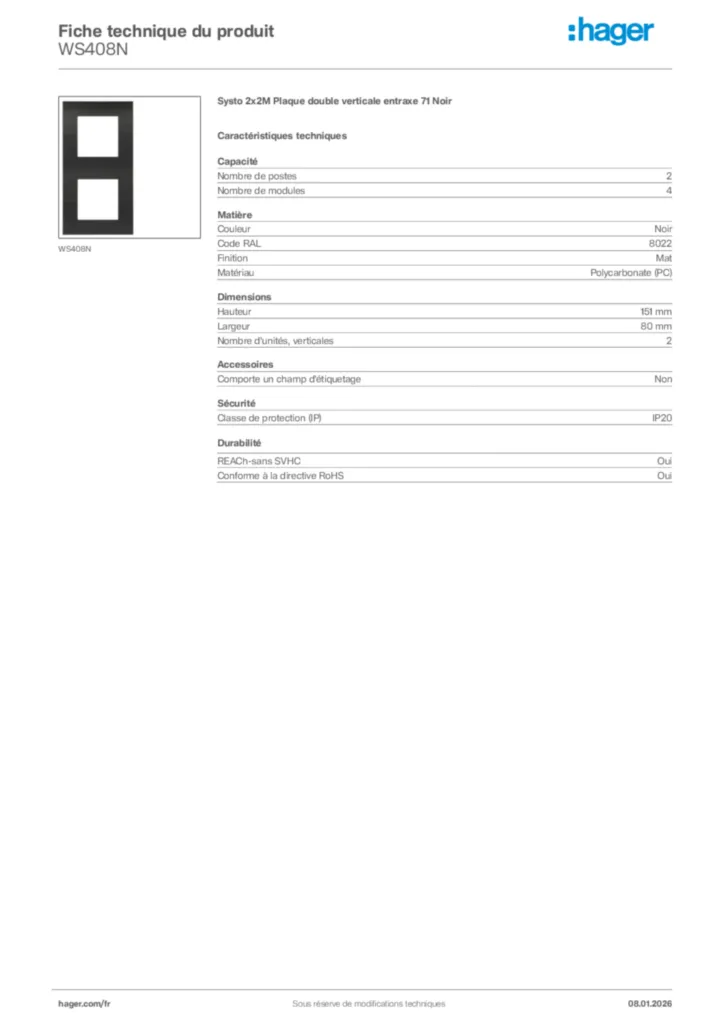 Image Hager Fiche technique du produit WS408N | Hager France