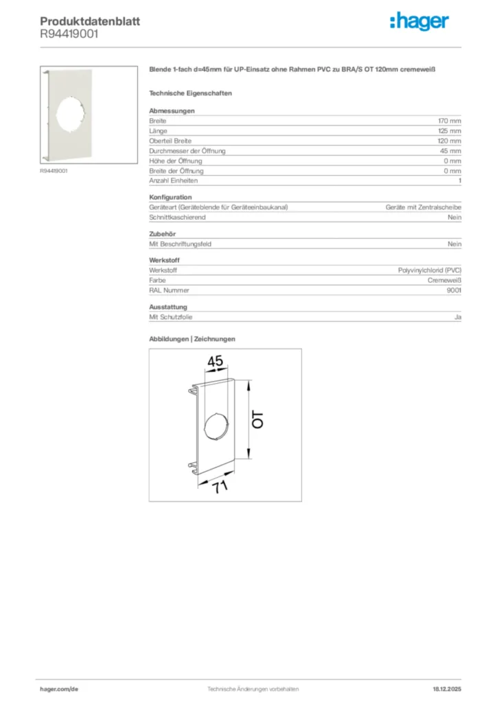 Bild Hager Produktdatenblatt R94419001 | Hager Deutschland