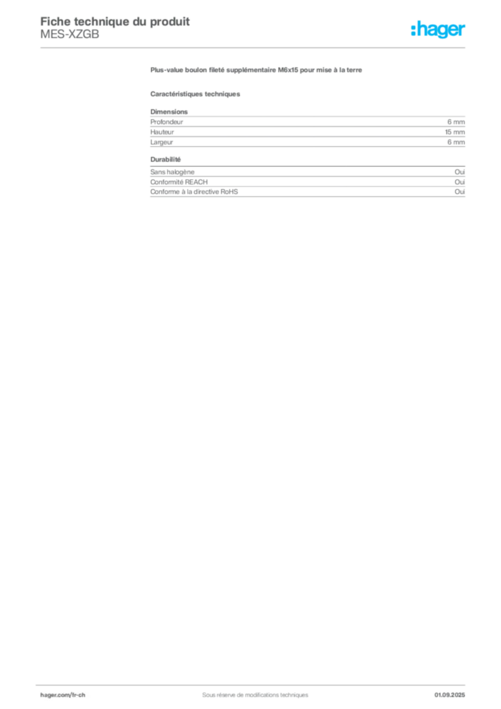 Image Hager Fiche technique du produit MES-XZGB | Hager Suisse
