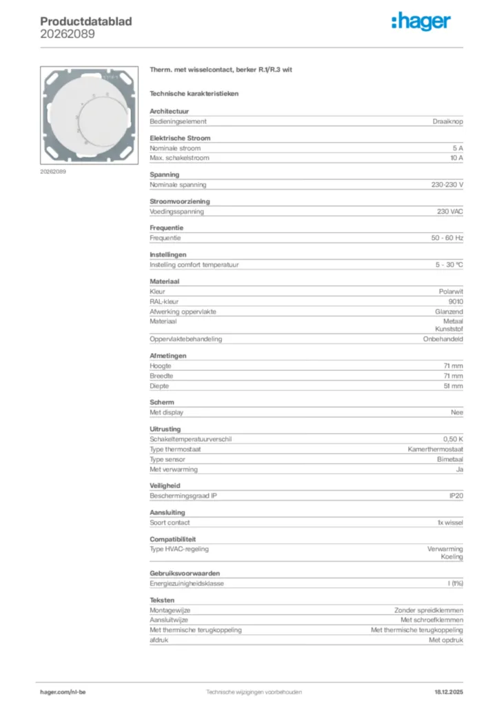 Afbeelding Hager Productdatablad 20262089 | Hager Belgium