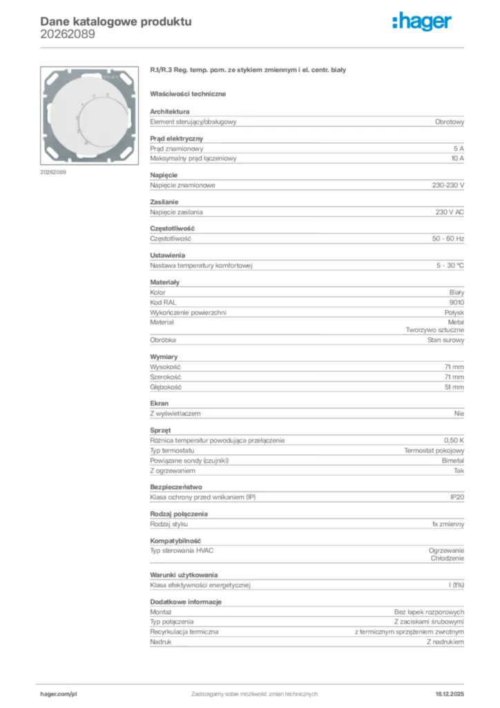 Zdjęcie Hager Karta katalogowa 20262089 | Hager Polska