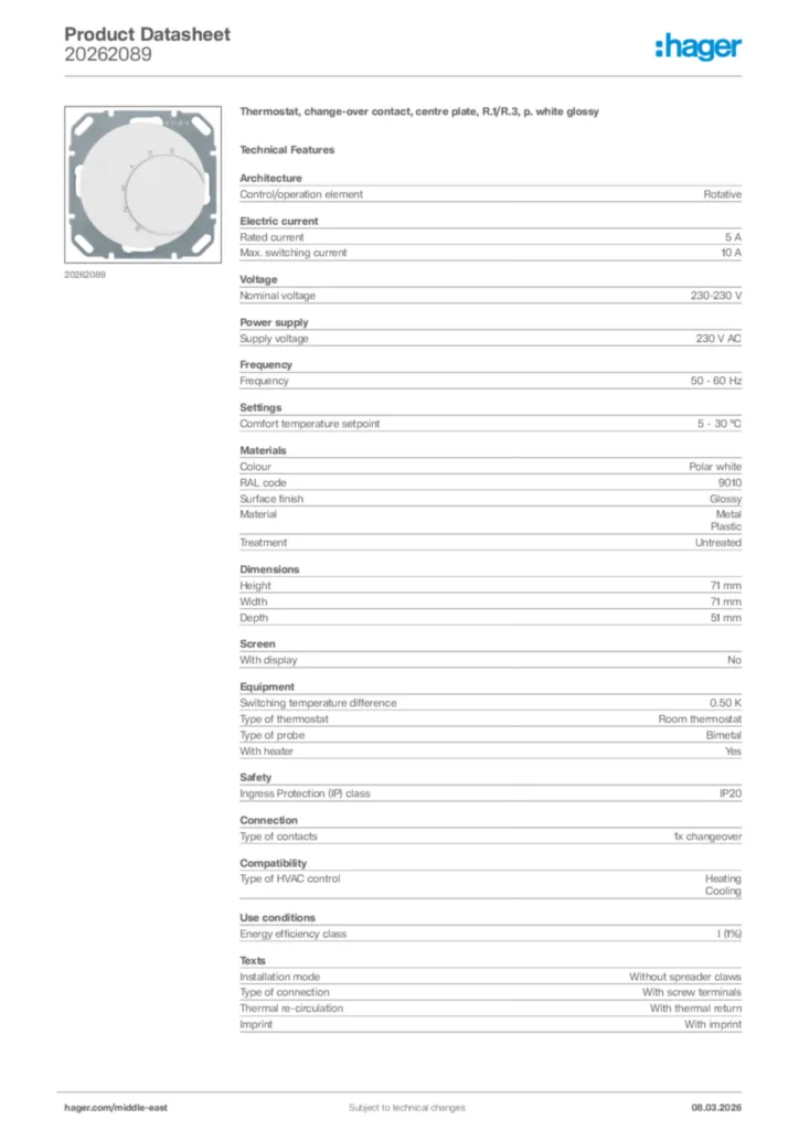 Image Hager Product data sheet 20262089  | Hager