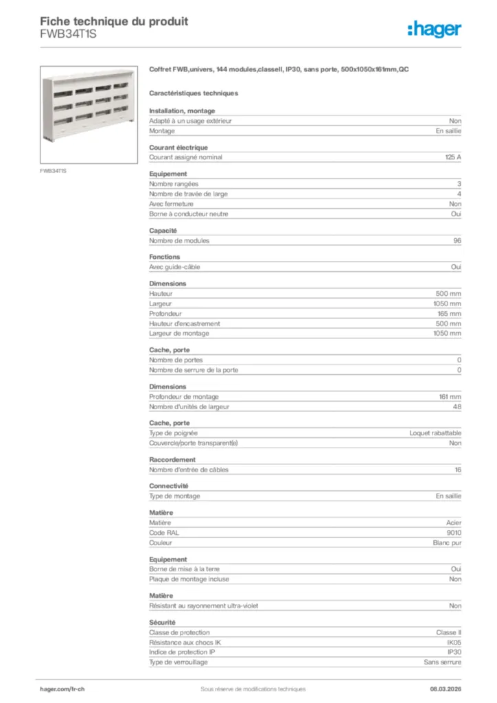 Image Hager Fiche technique du produit FWB34T1S | Hager Suisse
