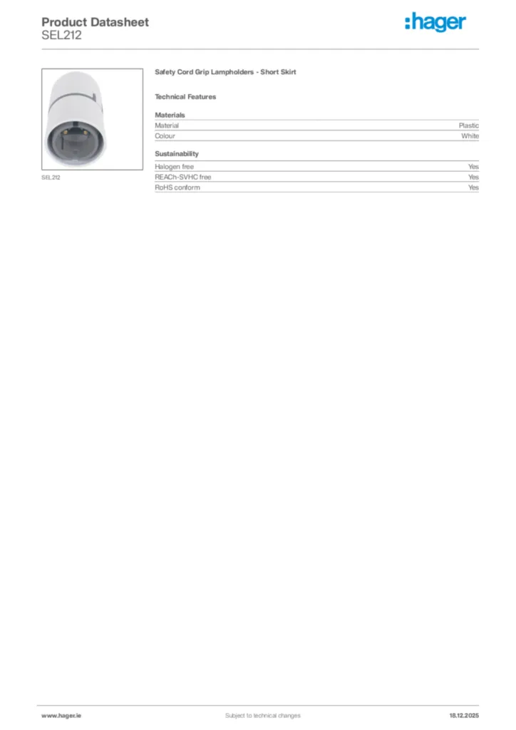 Image Hager Product data sheet SEL212  | Hager