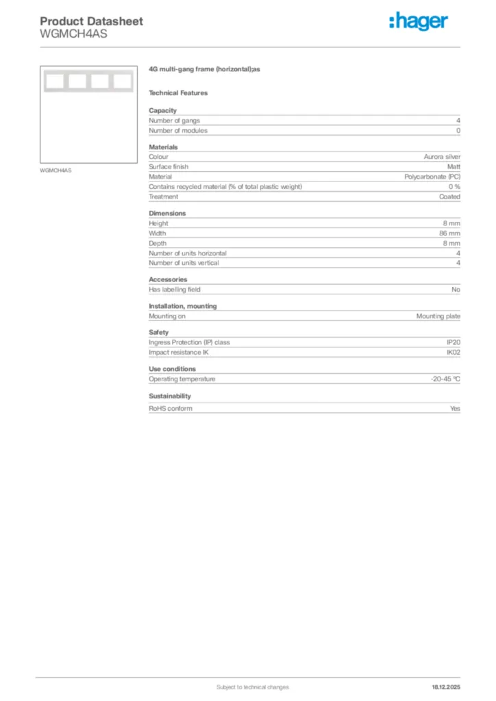 Image Hager Product data sheet WGMCH4AS  | Hager Africa
