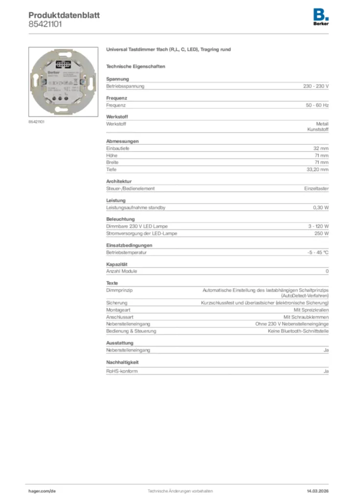 Bild Berker Produktdatenblatt 85421101 | Hager Deutschland