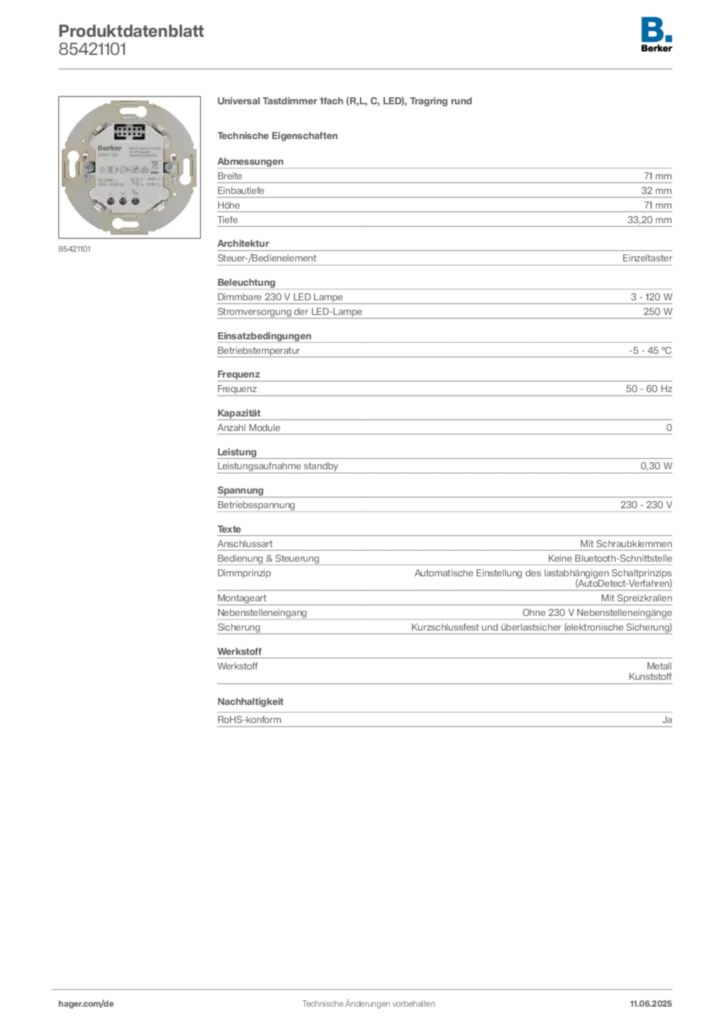 Bild Berker Produktdatenblatt 85421101 | Hager Deutschland