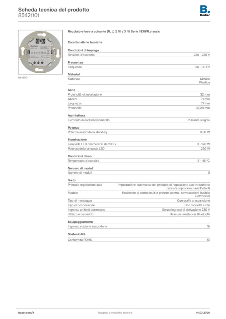 Immagine Berker Scheda tecnica del prodotto 85421101 | Hager Italia