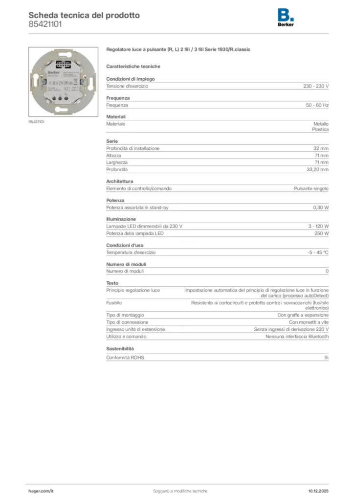Immagine Berker Scheda tecnica del prodotto 85421101 | Hager Italia