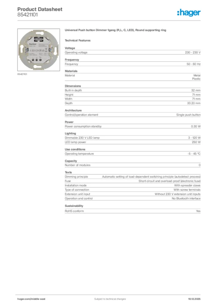 Image Hager Product data sheet 85421101  | Hager