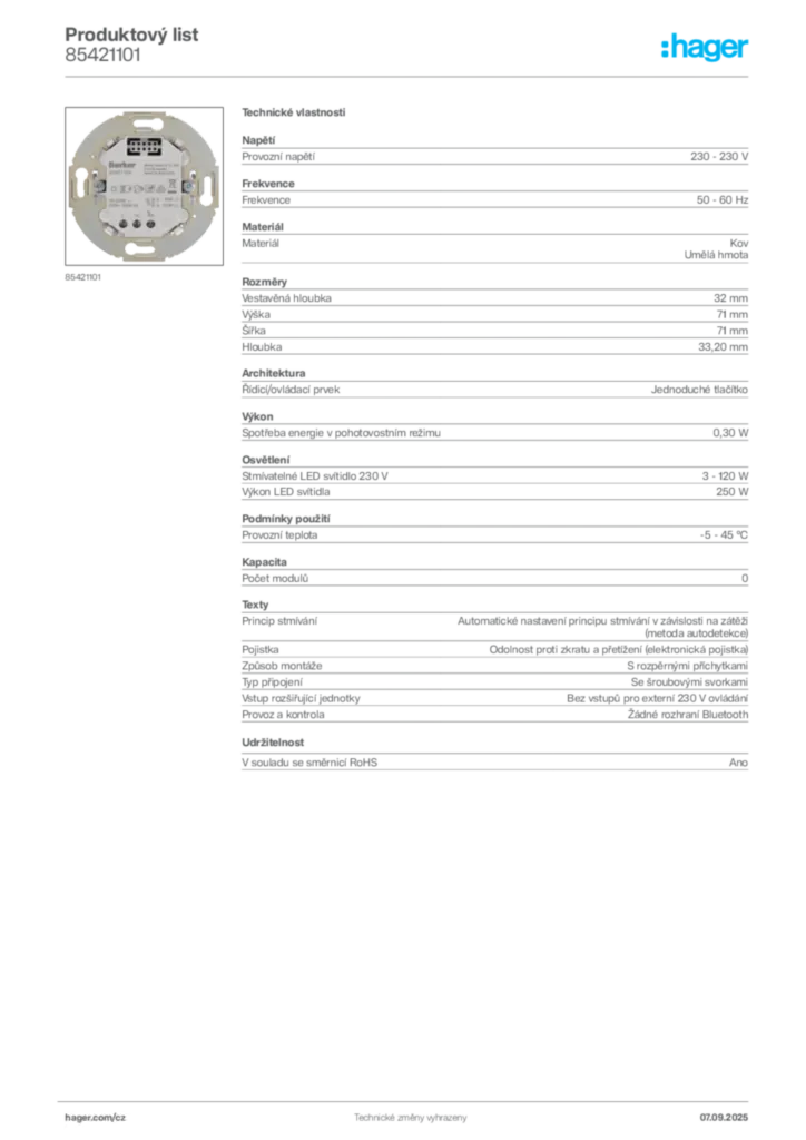 Obrázek Hager Produktový list 85421101 | Hager