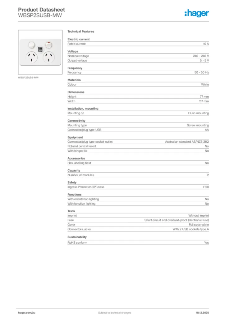 Image Hager Product data sheet WBSP2SUSB-MW  | Hager Australia