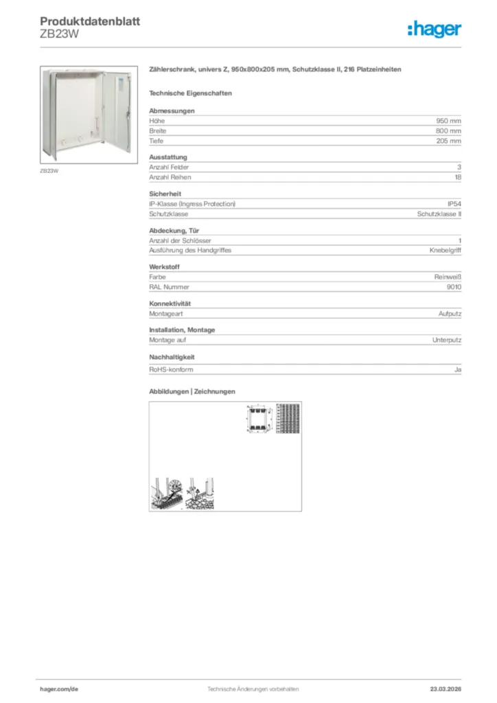 Bild Hager Produktdatenblatt ZB23W | Hager Deutschland
