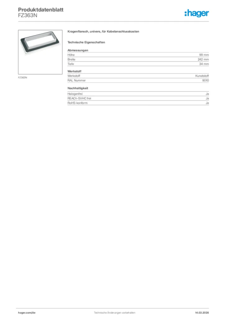 Bild Hager Produktdatenblatt FZ363N | Hager Deutschland