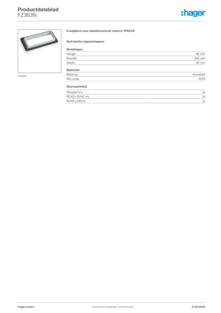 Afbeelding Hager Productdatablad FZ363N | Hager Nederland