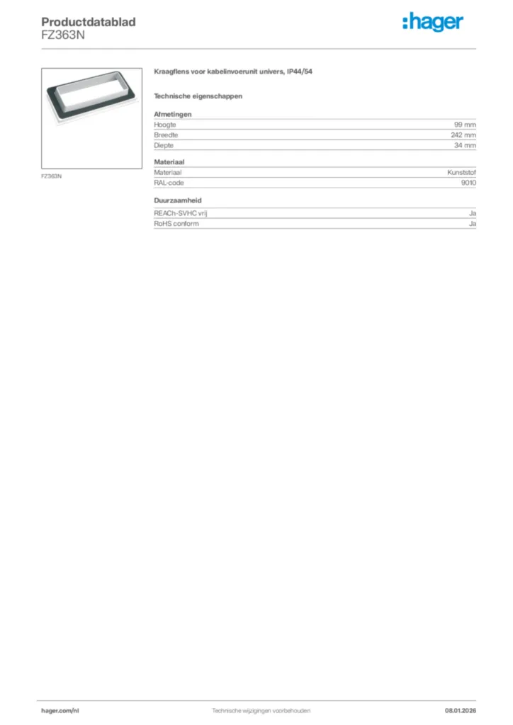 Afbeelding Hager Productdatablad FZ363N | Hager Nederland