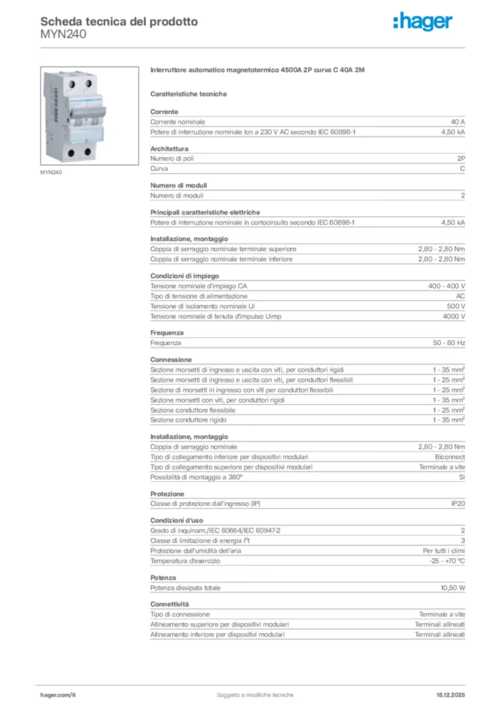 Immagine Hager Scheda tecnica del prodotto MYN240 | Hager Italia