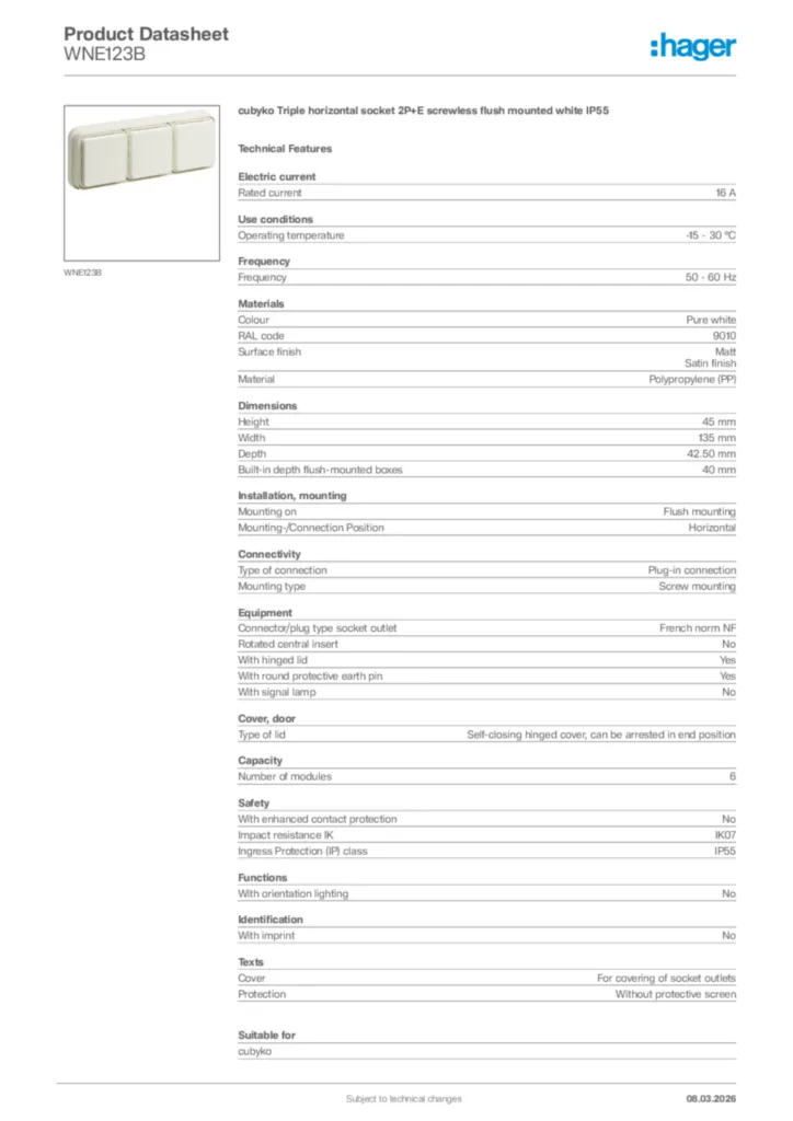 Image Hager Product data sheet WNE123B  | Hager Africa