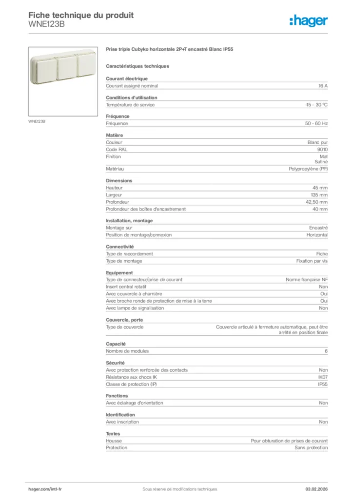 Image Hager Fiche technique du produit WNE123B | Hager Afrique