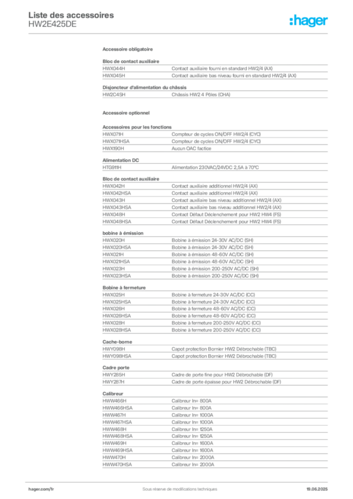 Image Hager Fiche technique du produit HW2E425DE | Hager France