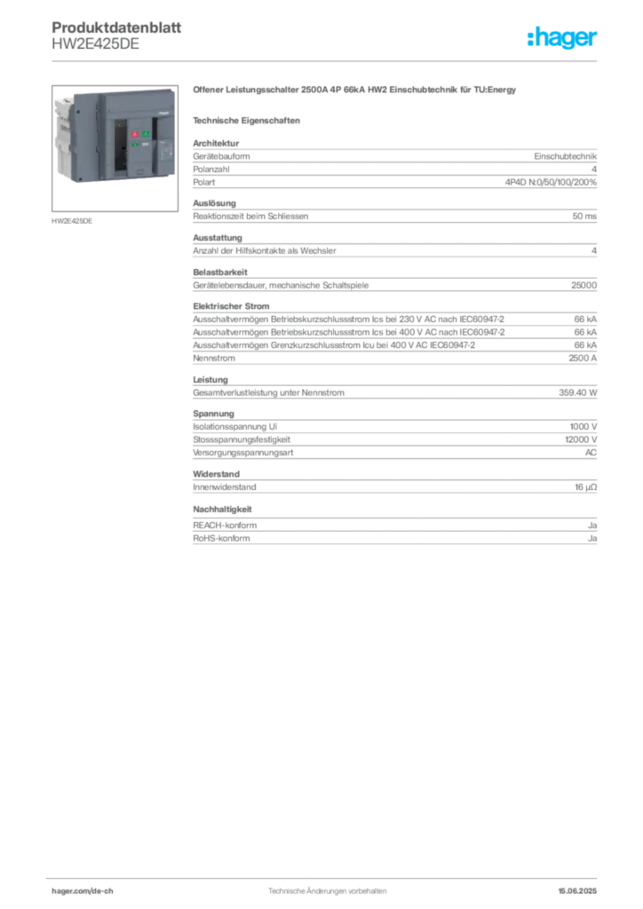 Bild Hager Produktdatenblatt HW2E425DE | Hager Schweiz