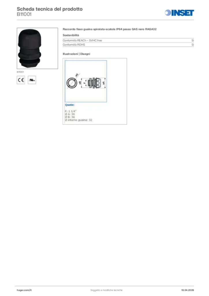 Immagine Inset Scheda tecnica del prodotto B11001 | Hager Italia