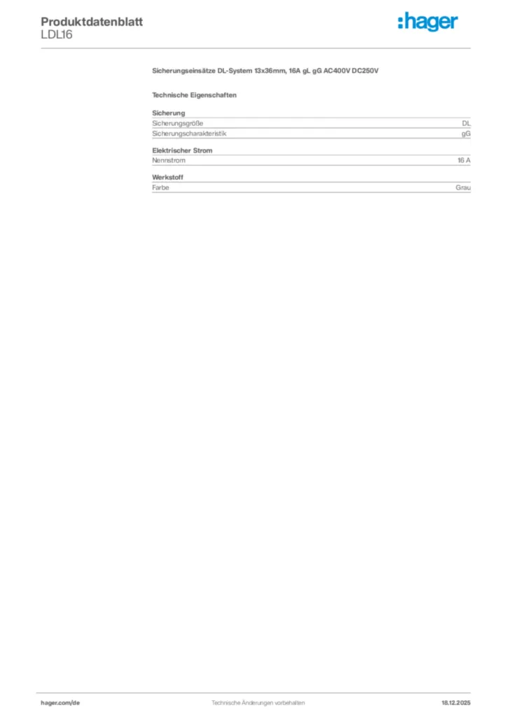 Bild Hager Produktdatenblatt LDL16 | Hager Deutschland
