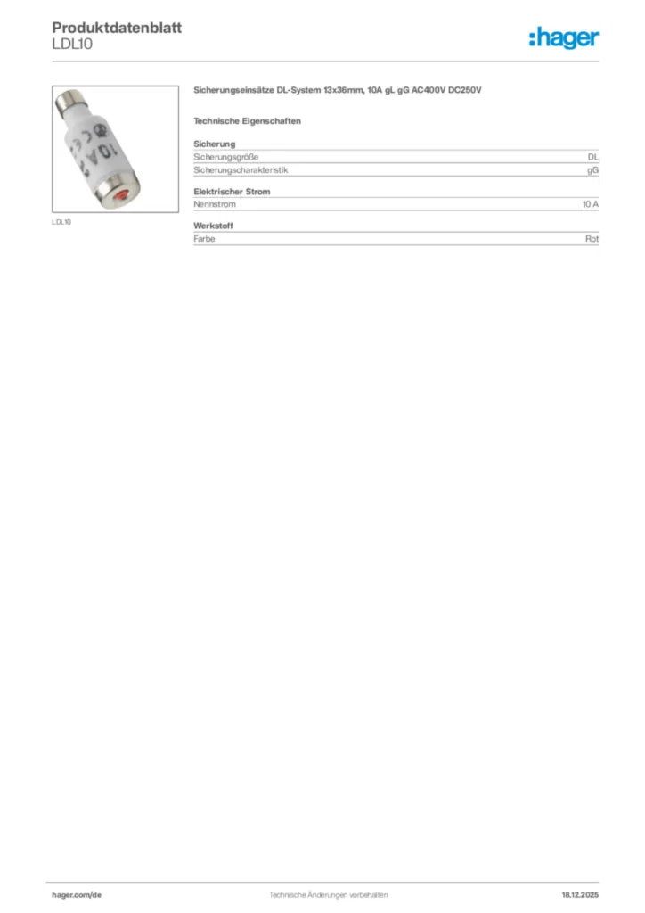 Bild Hager Produktdatenblatt LDL10 | Hager Deutschland