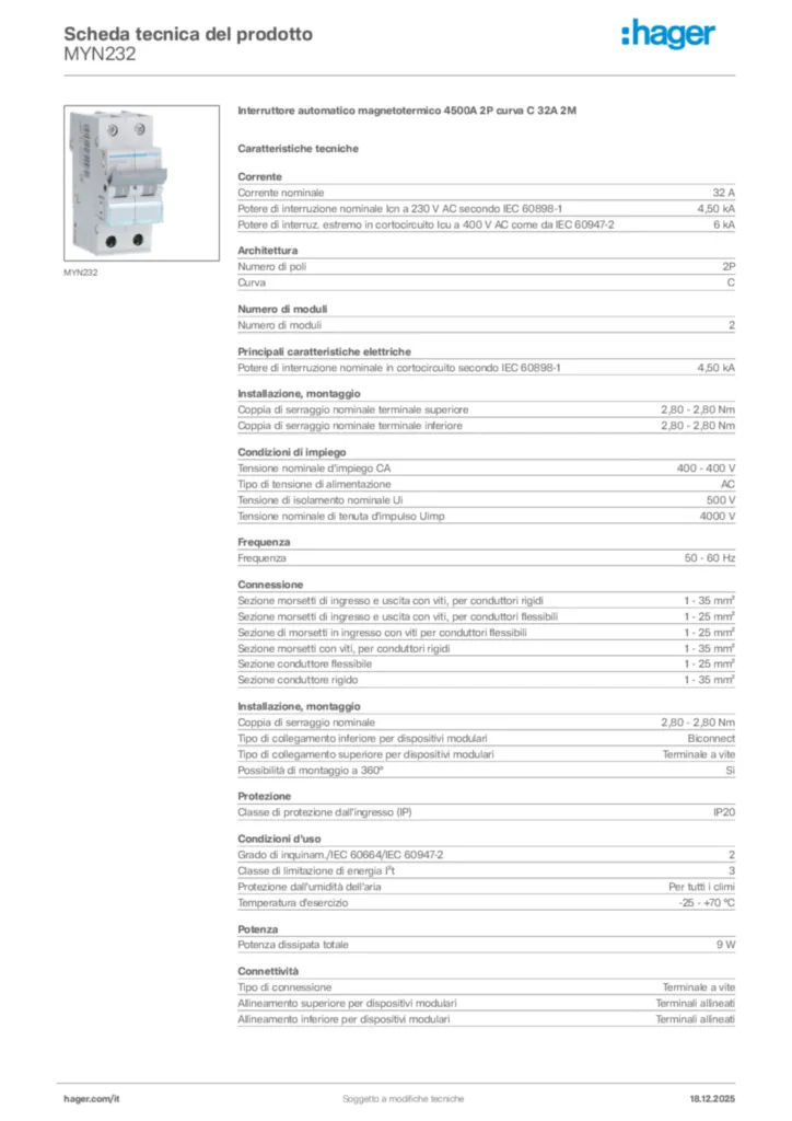 Immagine Hager Scheda tecnica del prodotto MYN232 | Hager Italia